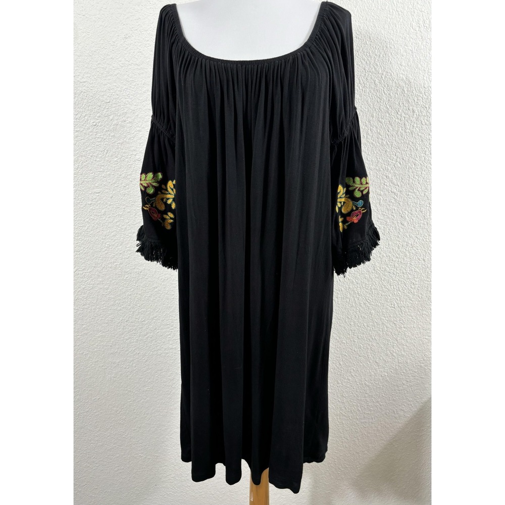 Origami‎ by Vivien Dress Womens 2XL Black Embroidered Boho Peasant Off Shoulder